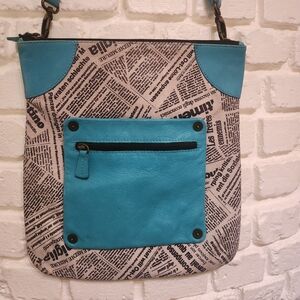Maurizio Taiuti Newspaper Print Teal All Leather Crossbody Bag
